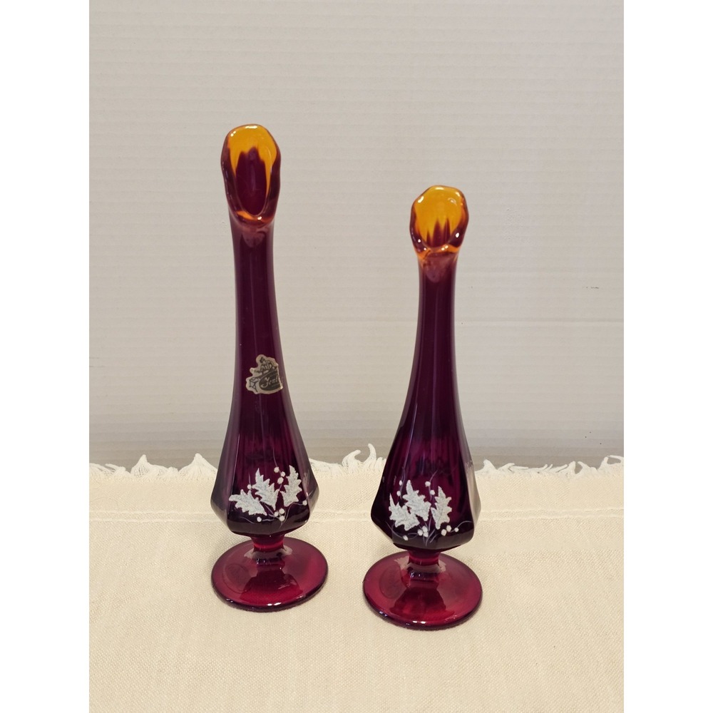 Vintage Fenton Red Amberina Effect Swung Bud Vases Hand Painted Signed Stamps